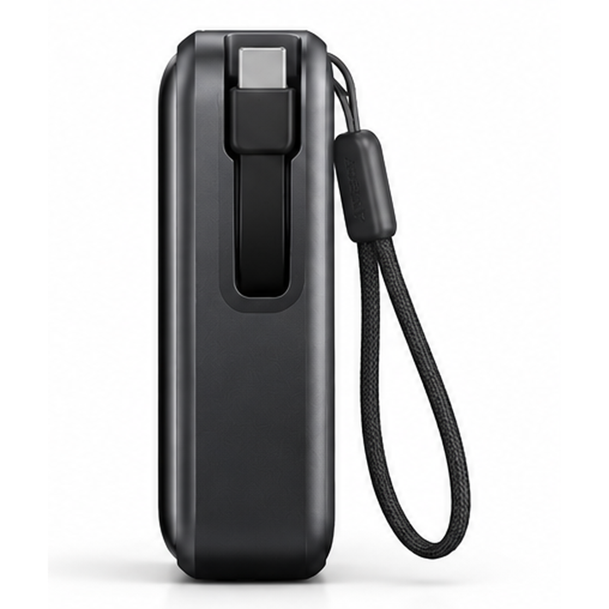 Power bank Anker A1638 vista lateral con cable retráctil y correa