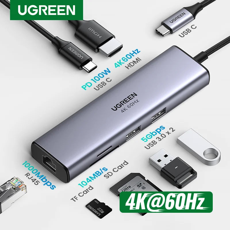 Ugreen Hub USB-C 7 en 1 con HDMI 4K, PD 100W y lector SD/TF
