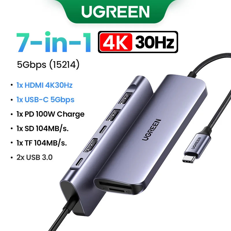 Ugreen Hub USB-C 7 en 1 con HDMI 4K, PD 100W y lector SD/TF