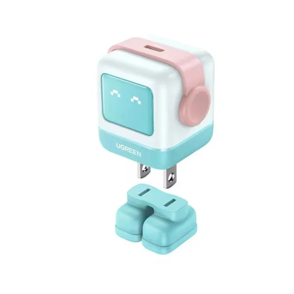 Cargador Ugreen GaN 30W robot azul y rosa