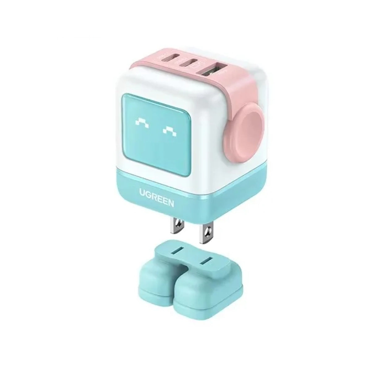 Cargador Ugreen GaN 65W robot azul y rosa