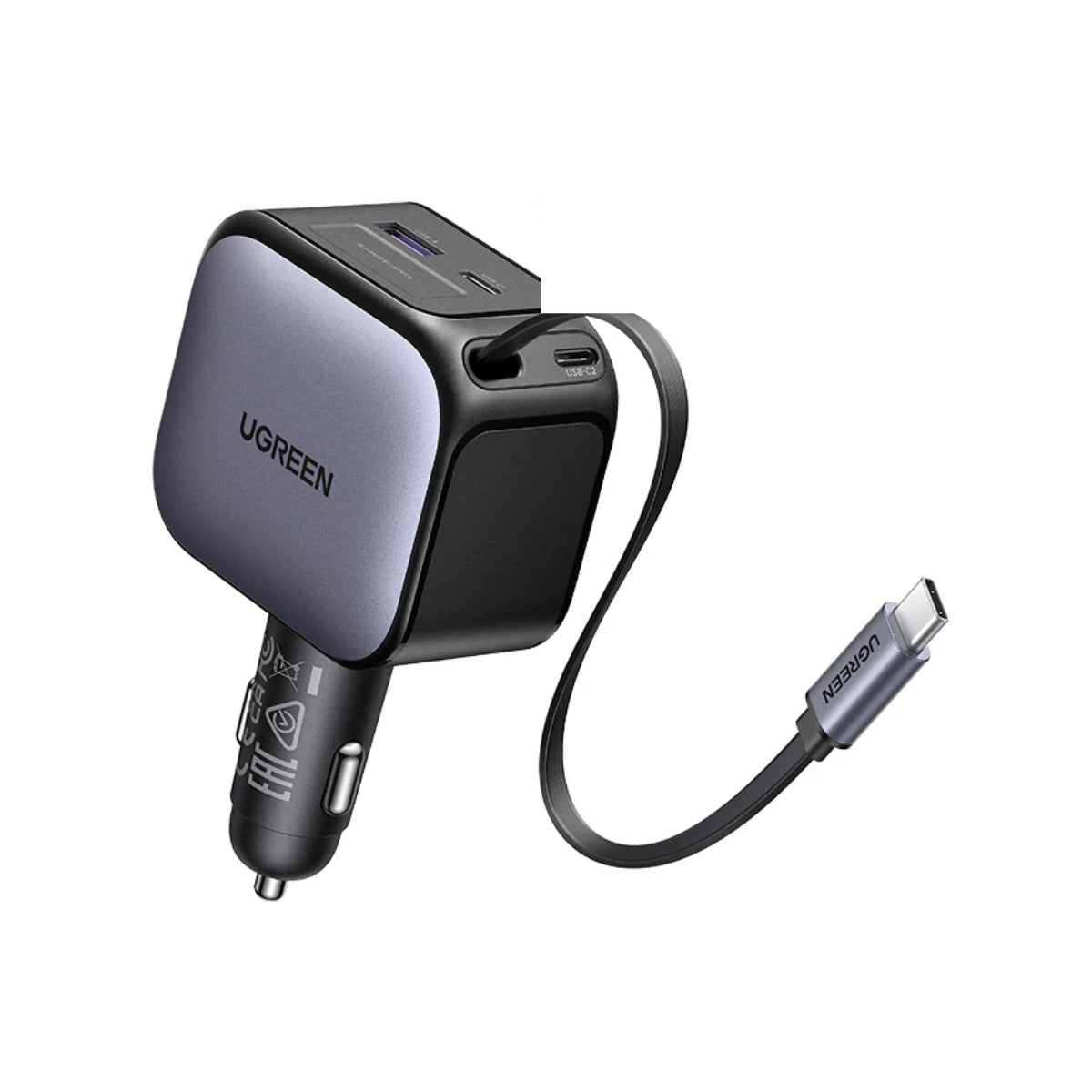 Cargador de auto Ugreen con cable USB-C retráctil